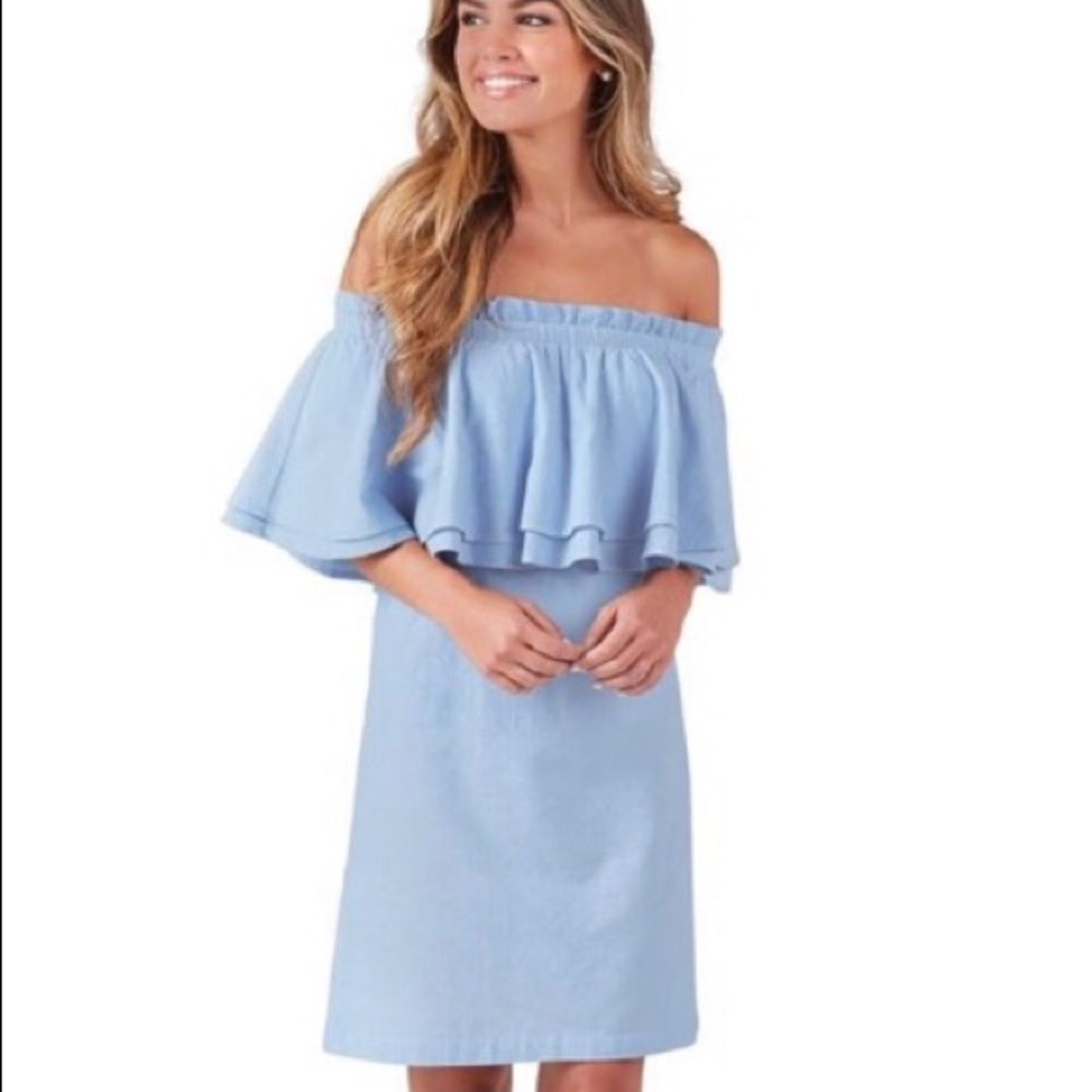 Mud Pie Pippa Blue Chambray Off the Shoulder Dress